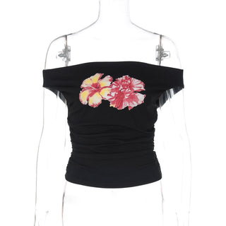 Off shoulder ruched flower pattern top
