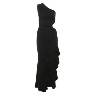 One shoulder hollow out slit ruffle cut out maxi dress