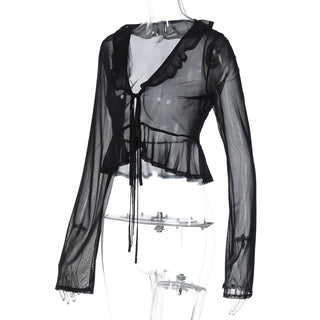 Long sleeve sheer mesh ruffle self tie top