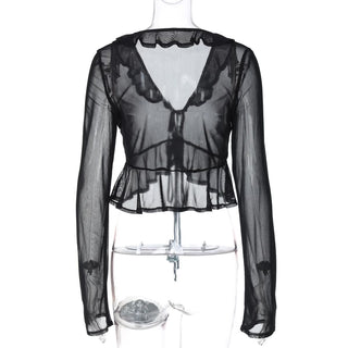 Long sleeve sheer mesh ruffle self tie top