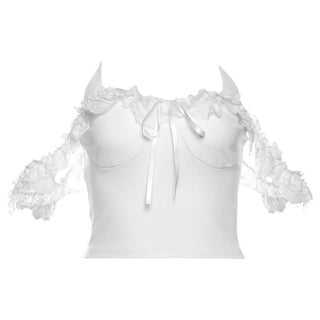 Off shoulder lace hem ruffle bowknot top