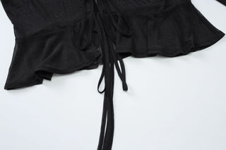 Long sleeve sheer mesh ruffle self tie top