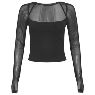 Square neck long sleeve mesh patchwork top