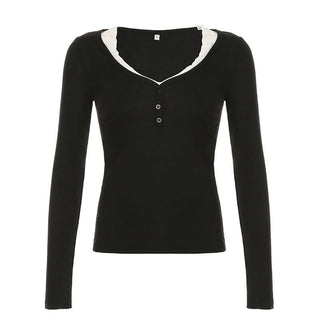 V neck long sleeve lace hem top