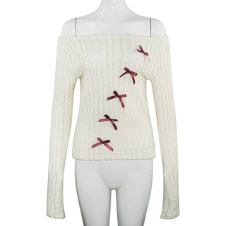 Off shoulder long sleeve bowknot fluffy top