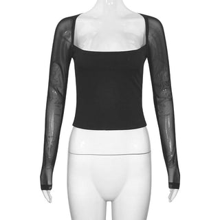 Square neck long sleeve mesh patchwork top