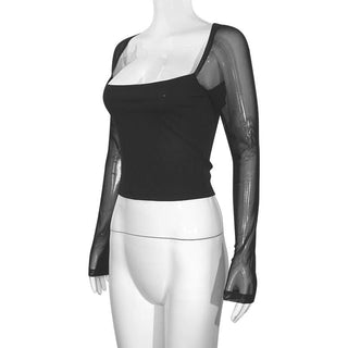 Square neck long sleeve mesh patchwork top