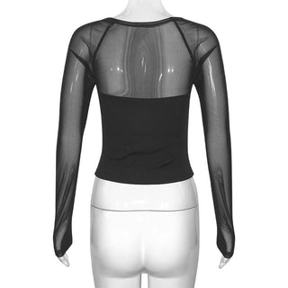 Square neck long sleeve mesh patchwork top