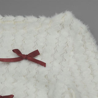 Off shoulder long sleeve bowknot fluffy top