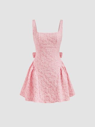 Jacquard U-neckline Floral Backless Bowknot Mini Dress