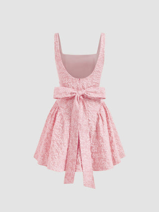 Jacquard U-neckline Floral Backless Bowknot Mini Dress