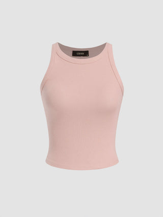 Cotton-blend Round Neckline Solid Tank Top