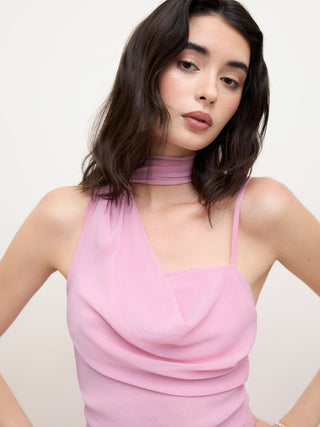 Mesh Halter Neckline Ruched Maxi Dress With Scarf