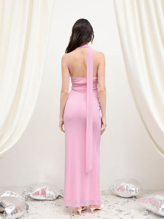 Mesh Halter Neckline Ruched Maxi Dress With Scarf
