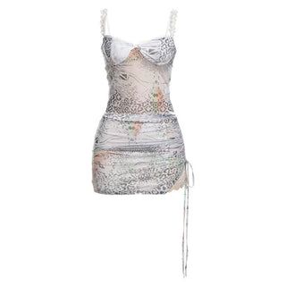 Lace hem bowknot print drawstring cami mini skirt set