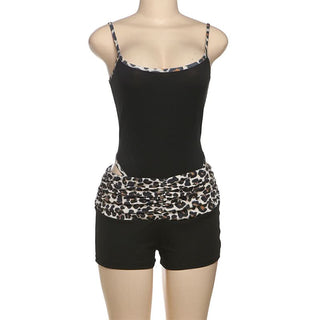 Leopard print u neck 2 piece cami short pant set