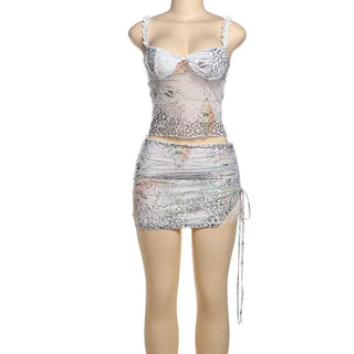 Lace hem bowknot print drawstring cami mini skirt set