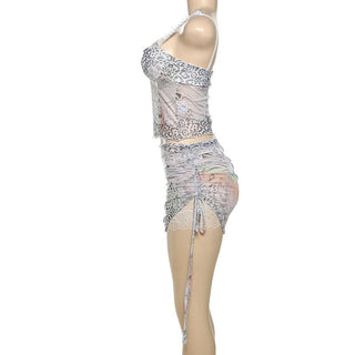 Lace hem bowknot print drawstring cami mini skirt set