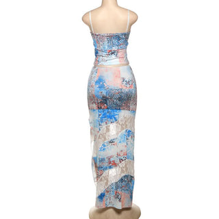 Contrast lace patchwork slit cami maxi dress