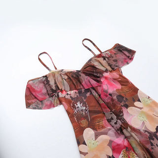 Off shoulder flower print mesh ruffle maxi dress