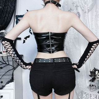 PU leather metal chain zip-up rivet tube top