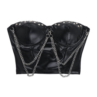 PU leather metal chain zip-up rivet tube top