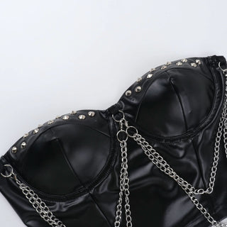 PU leather metal chain zip-up rivet tube top