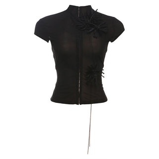 High neck short sleeve flower applique button top