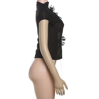 High neck short sleeve flower applique button top