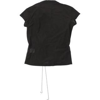 High neck short sleeve flower applique button top