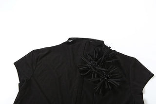 High neck short sleeve flower applique button top