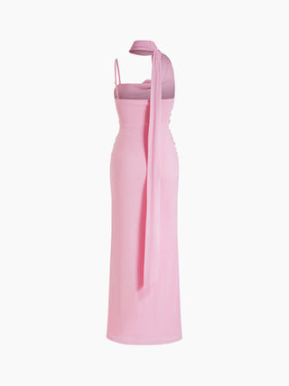 Mesh Halter Neckline Ruched Maxi Dress With Scarf