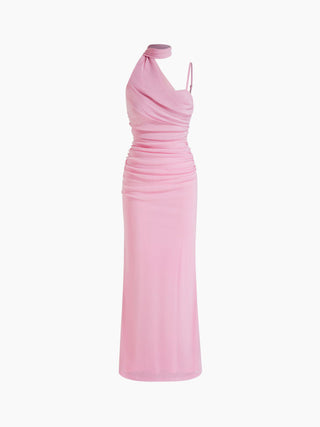Mesh Halter Neckline Ruched Maxi Dress With Scarf
