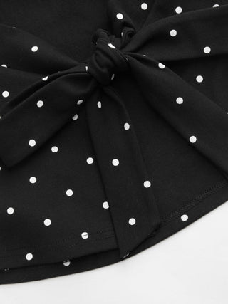 Cotton-blend Boat Neck Knotted Polka Dot Ruched Tank Top