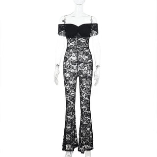 Off shoulder sheer lace jumpsuit