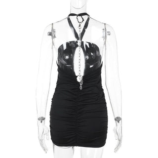 Halter ruched metal chain hollow out cut out mini dress