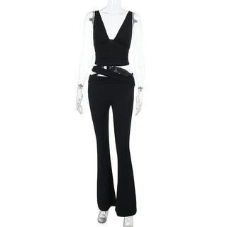V neck solid hollow out pant set