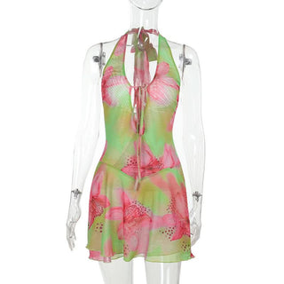 Halter flower print self tie mini dress