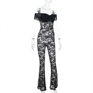 Off shoulder sheer lace jumpsuit