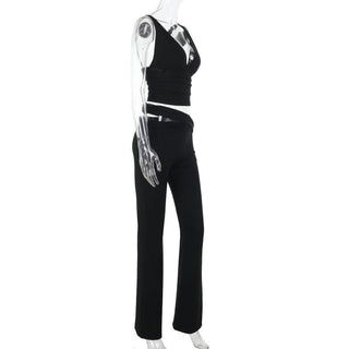 V neck solid hollow out pant set