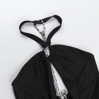 Halter ruched metal chain hollow out cut out mini dress