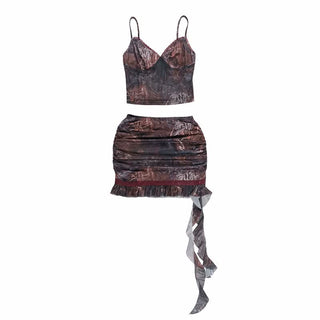 V neck mesh ruffle contrast cami mini skirt set