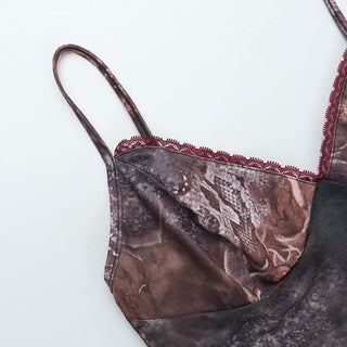 V neck mesh ruffle contrast cami mini skirt set