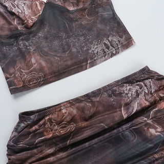 V neck mesh ruffle contrast cami mini skirt set