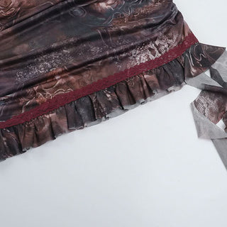 V neck mesh ruffle contrast cami mini skirt set