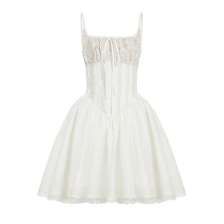 Square neck lace ruched zip-up cami mini dress