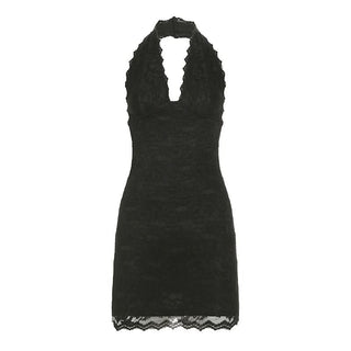 Halter lace hem v neck solid backless mini dress