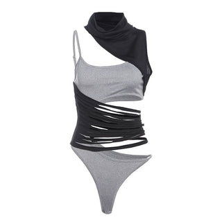 Irregular high neck hollow out button bodysuit