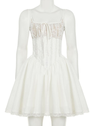 Square neck lace ruched zip-up cami mini dress