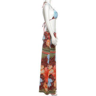 Self tie halter flower print 3 piece maxi skirt set